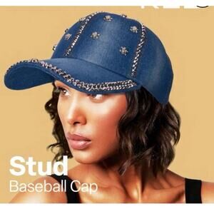 Olivia & Kate Womens Light Wash Denim Bling Skull Studs Baseball Hat Adjustable